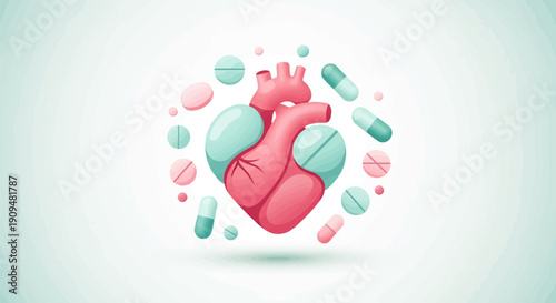 A stylized heart graphic surrounded by medical pills and capsules