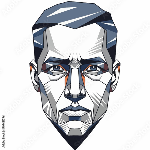 Geometric polygonal male face illustration with sharp lines and angles.