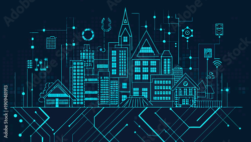 Futuristic cityscape illustration featuring glowing blue lines and digital connections