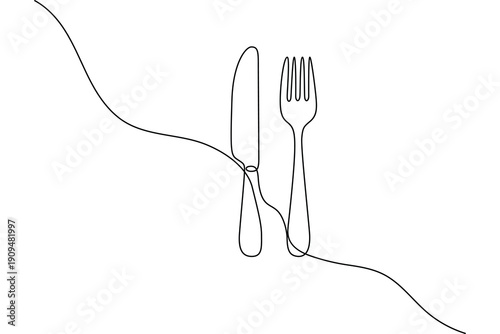 Knife and fork one line drawing for restaurant logo or minimalist menu design
