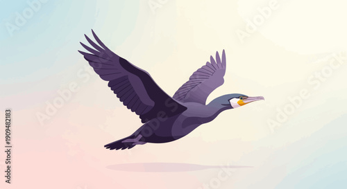 A stylized illustration of a cormorant in mid-flight against a soft, gradient sky