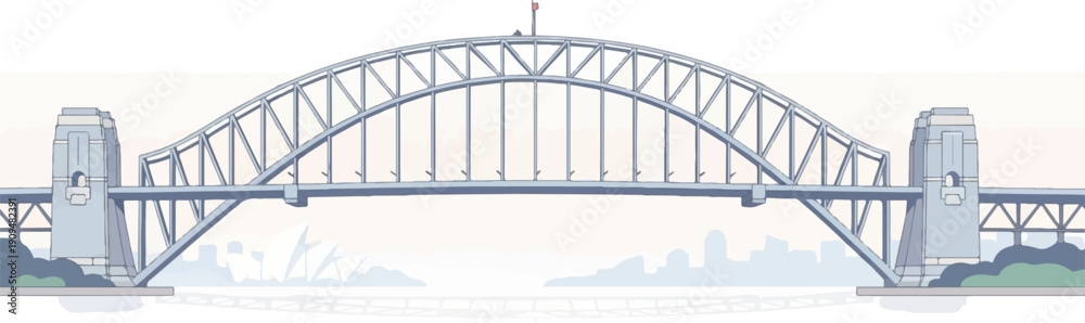 Fototapeta premium A stylized illustration of a large steel arch bridge spanning a body of water
