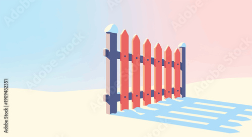 A stylized red and blue picket fence stands in a snowy landscape