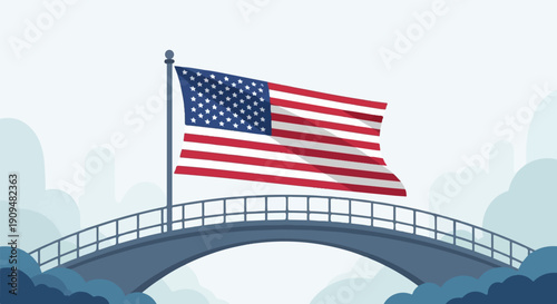 A stylized American flag waves proudly above a blue bridge