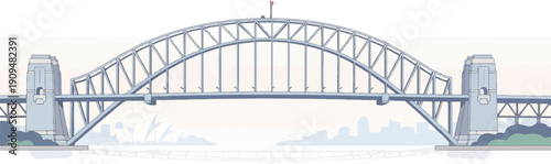 A stylized illustration of a large steel arch bridge spanning a body of water