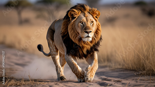 Majestic lion running in the wild savannah