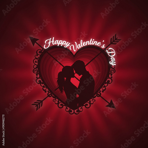 Romantic silhouette of couple inside heart with cupid arrows