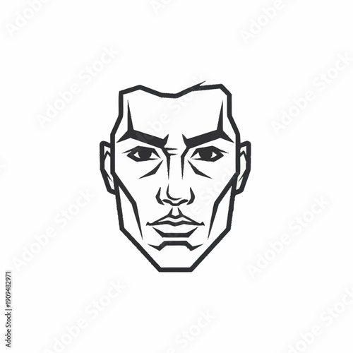 Strong masculine face with sharp features and determined expression.