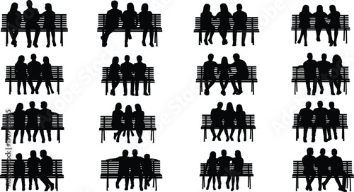 Collection of romantic couple silhouettes sitting on park benches, black vector illustration set isolated on white background for love and relationship concepts.