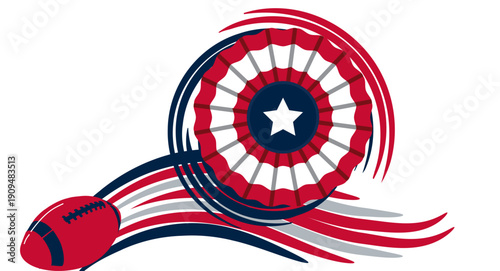 nautical blue, red, and silver football ball and American flag vector, bold sport design blending hockey and street art graffiti lettering, multicolor typography art illustration