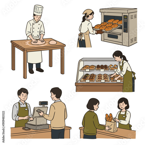 パン屋の製造と販売シーンの動作イラストセット