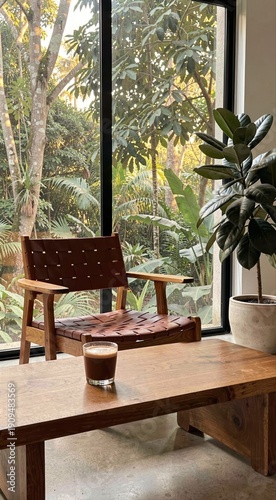Cozy living room with wooden chair and coffee table overlooking lush garden
