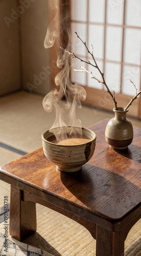 Steaming bowl on wooden table in tranquil japanese tea room with natural light