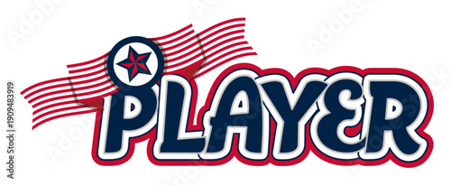 Football Player with a American flag placed in front of the word, adding a dynamic, sporty touch to the design. The text is bold, with rounded lettering in   nautical blue, red, and silver 