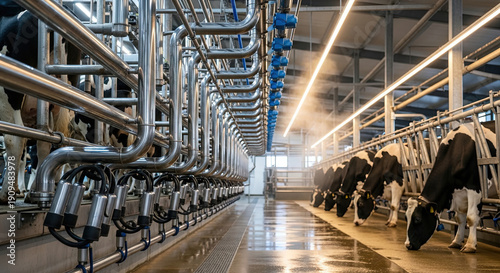 Modern milking facility with cows and advanced machinery  