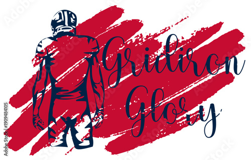 Stylized American football player in  nautical blue, red, black and silver with bold “Gridiron Glory” lettering and heart symbol. Ideal for fan apparel, team identity, sports graphics, digital marketi