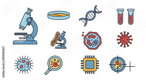 Illustration of scientific and medical icons related to biology, technology, and research