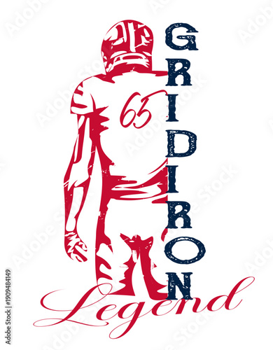 "Sketch-style American football player with number 65 in   nautical blue, red, black and silver and bold “Gridiron Legend” lettering. Suitable for sports apparel, team branding, promotional graphics
