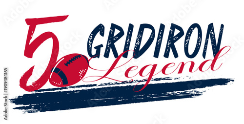 Gridiron Legend football design with helmet, number 5 and ball in nautical blue, red, silver . Bold artwork for sports apparel, team branding, fan merchandise and promotion