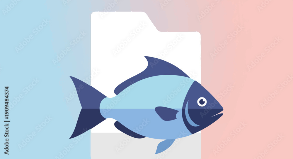 Obraz premium A stylized blue fish swims across a soft gradient background of blue and pink