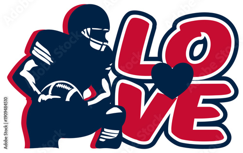 LOVE in bold   nautical blue, red, black and silver graffiti lettering, with a vibrant heart at the center and a football player beside it. A dynamic street art vector with sporty flair