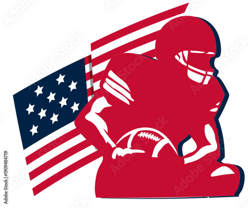  nautical blue, red, and silver football Player and American flag vector, bold sport design blending hockey and street art graffiti lettering, multicolor typography art illustration