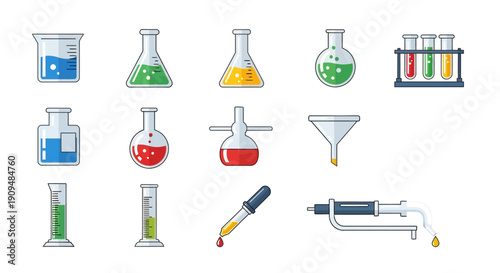Illustration of various laboratory glassware and equipment with colorful liquid substances