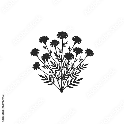 Black vector silhouette illustration of a summer forest tree branch with leaves and a growth of botanical garden plants