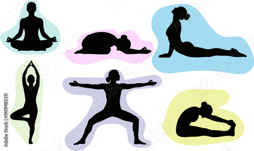 Silhouettes of People Performing Yoga Poses on Colorful Abstract Shapes