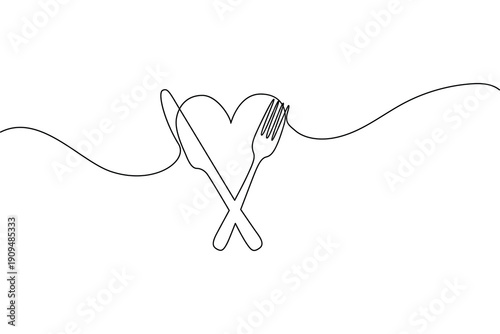 Continuous line art of cutlery set with knife and fork on white background