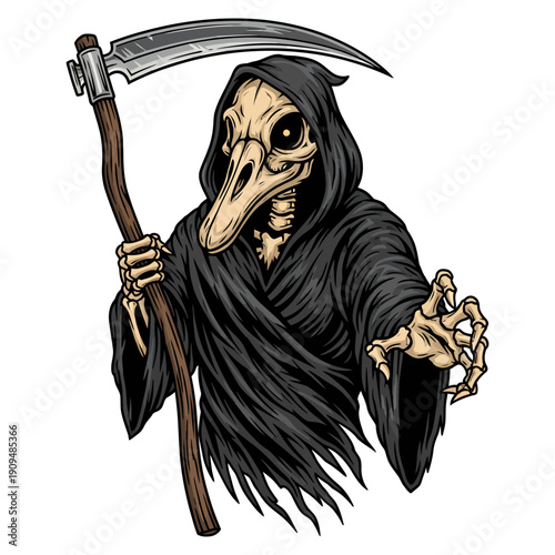 Grim reaper with duck skull head wearing black robe and holding sharp scythe vector illustration