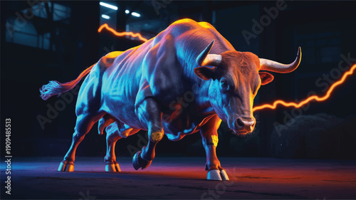 A photorealistic digital art of a charging bull rendered in a futuristic, cyberpunk style (4)_traced
