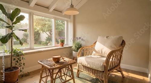 Cozy sunlit room with rattan chair, coffee, and plants near window