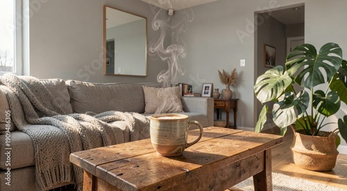 Cozy living room with steaming coffee mug on rustic wooden table in sunlit space