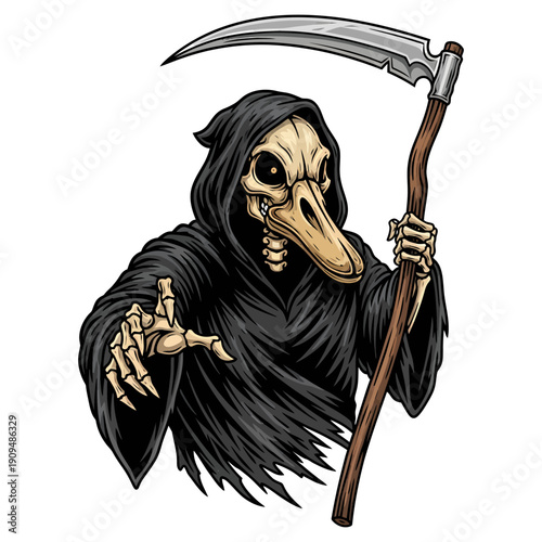 Grim reaper with duck skull head wearing black robe and holding sharp scythe vector illustration