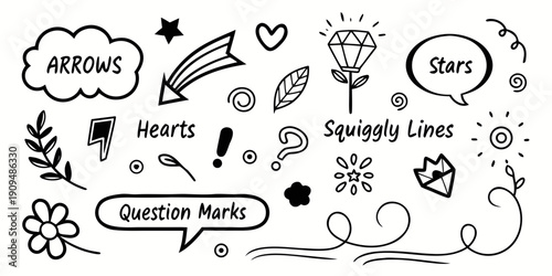 A collection of hand-drawn, black-and-white doodles arranged on a plain white background. The set includes a variety of playful elements