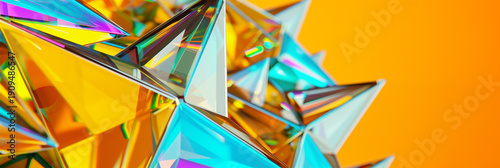 Collection of glossy, iridescent triangular prisms is arranged against a vivid yellow backdrop, reflecting a spectrum of colors with a predominant golden hue that creates a warm, illuminated effect.