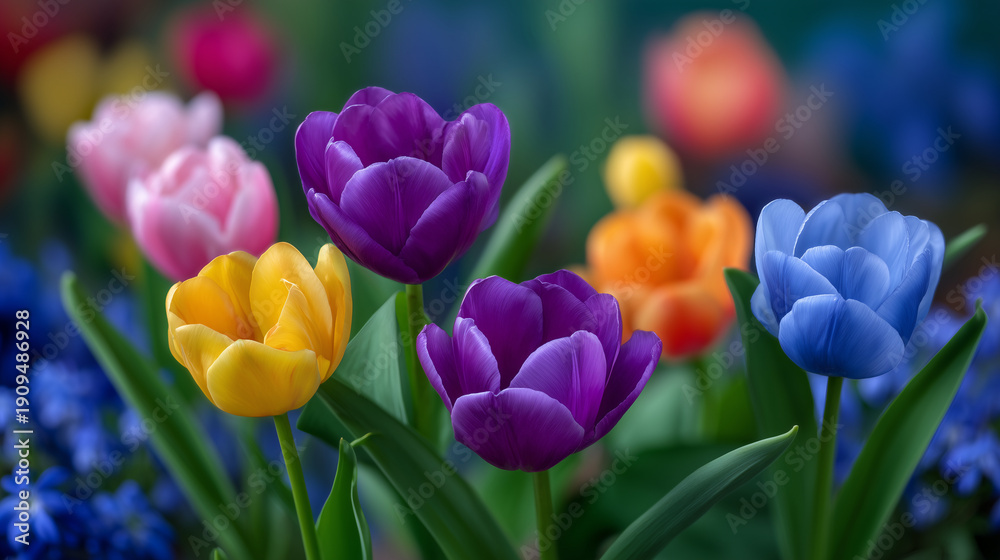 Obraz premium High-detail close-up of colorful tulips fully opened in a lush garden bed, saturated petals catching sunlight, subtle veins and gradients visible, shallow depth of field isolating