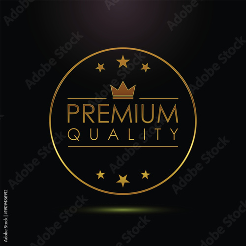 Golden premium quality label with crown and stars on dark background