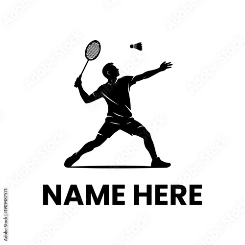 Dynamic vector silhouette of a male badminton player in mid-action, hitting a shuttlecock with a racket. Ideal for sports logos, team emblems, graphic design projects, or athletic branding