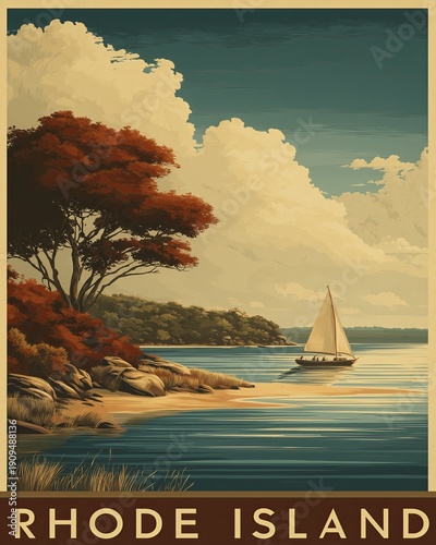 Rhode Island's coastline displays autumn foliage with a sailboat gliding across calm blue waters. The vintage poster showcases the scenic New England shore.