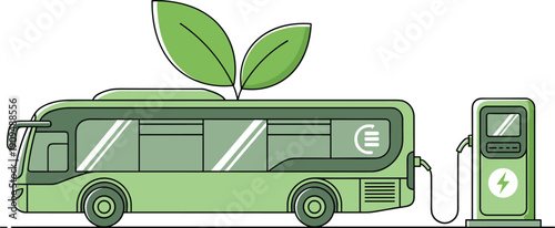 Green electric bus charging at a station with large leaves growing from the roof representing sustainable eco friendly public transport and clean renewable energy