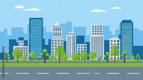 A simplified illustration of a modern cityscape with blue and green tones