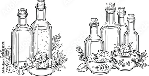 Elegant Botanical Line Art Illustration Set Featuring Glass Bottles of Olive Oil Traditional Feta Cheese Cubes and Herbal Leaves for Organic Food Branding