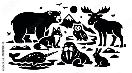 Graphic silhouette northern animals set featuring a bear, fox, narwhal, walrus, moose, owl, and rabbit for nature-themed design