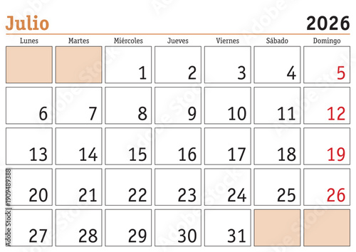 July 2026 spanish Monthly Wall Calendar Template - Modern Minimalist Design