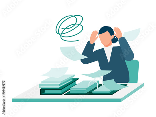 Office worker overwhelmed by piles of paperwork, back office problems illustration showing unprocessed documents, workload stress, analog work issues, and business process bottleneck