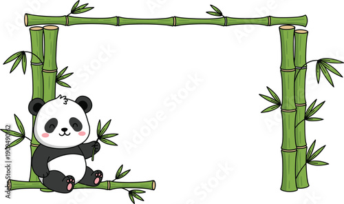 Kawaii Cute Panda Character Sitting on Bamboo Frame Border Illustration with Green Leaves for Children Invitation Card Greeting Background and Photo Copy Space
