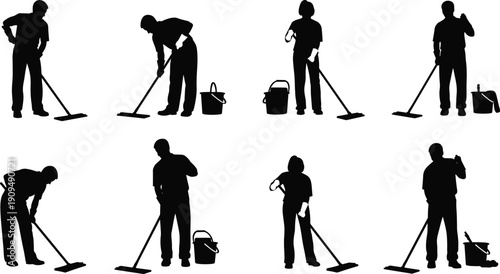 Cleaning worker silhouette set, janitor mopping floor, housekeeping staff poses, professional cleaner icons, isolated people silhouettes, service illustration
