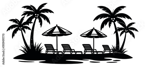 Silhouette beach scene set featuring palm trees, beach umbrellas, and lounge chairs for summer vacation and relaxation